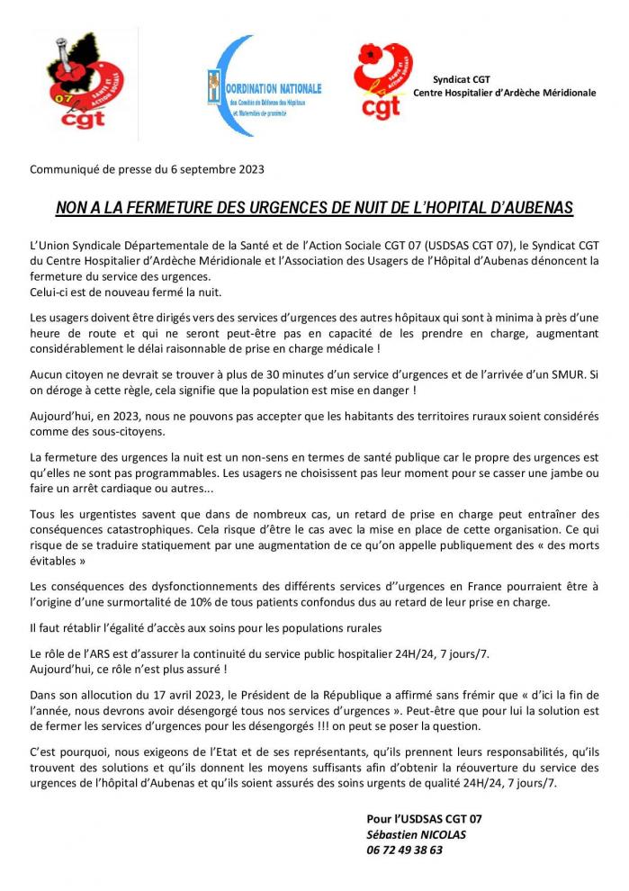 Communique de presse du 6 septembre 2023 non a la fermeture des urgences de nuit de l hopital d aubenas